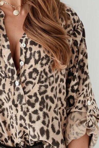 Leopard Button Detail Notched Long Sleeve Blouse