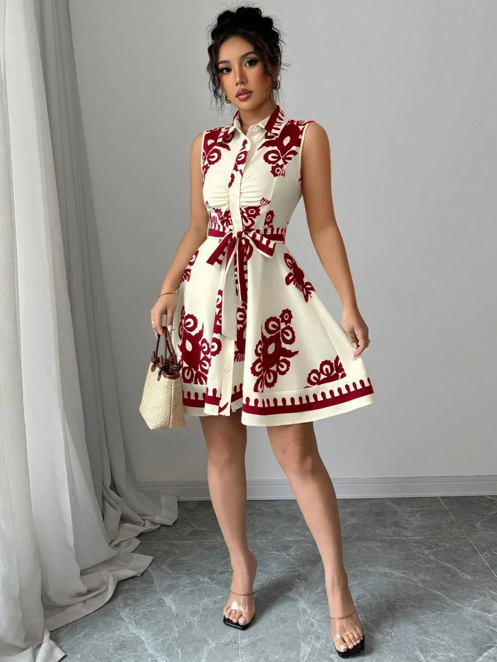 Printed Sleeveless Button Front Dress