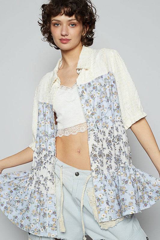 POL Ruffled Hem Floral Button Up Half Sleeve Shirt