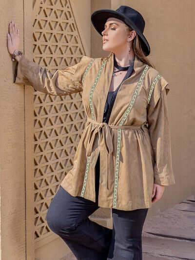 Plus Size Long Sleeve Tie Waist Cardigan - Clothes For Her Online Store