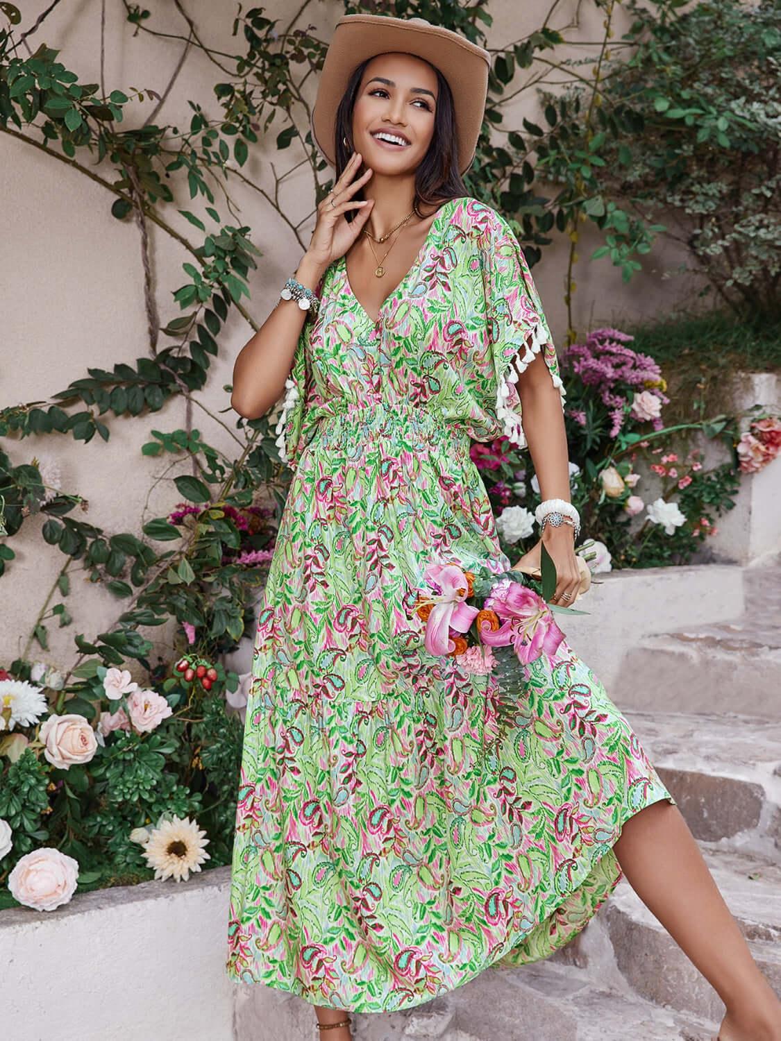 Smocked Floral V-Neck Short Sleeve Dress - Clothes For Her Online Store