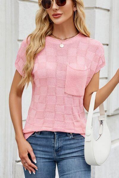 Checkered Round Neck Short Sleeve Knit Top