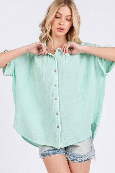 SAGE+FIG Boho Contrast Zigzag Trim Gauze Button-Up Shirt