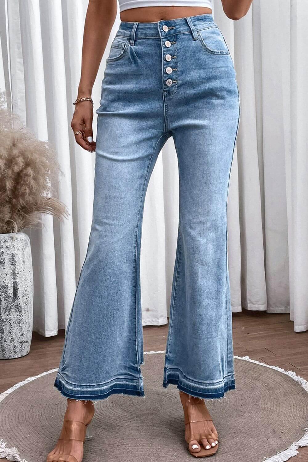 High Waist Button Fly Flared Jeans