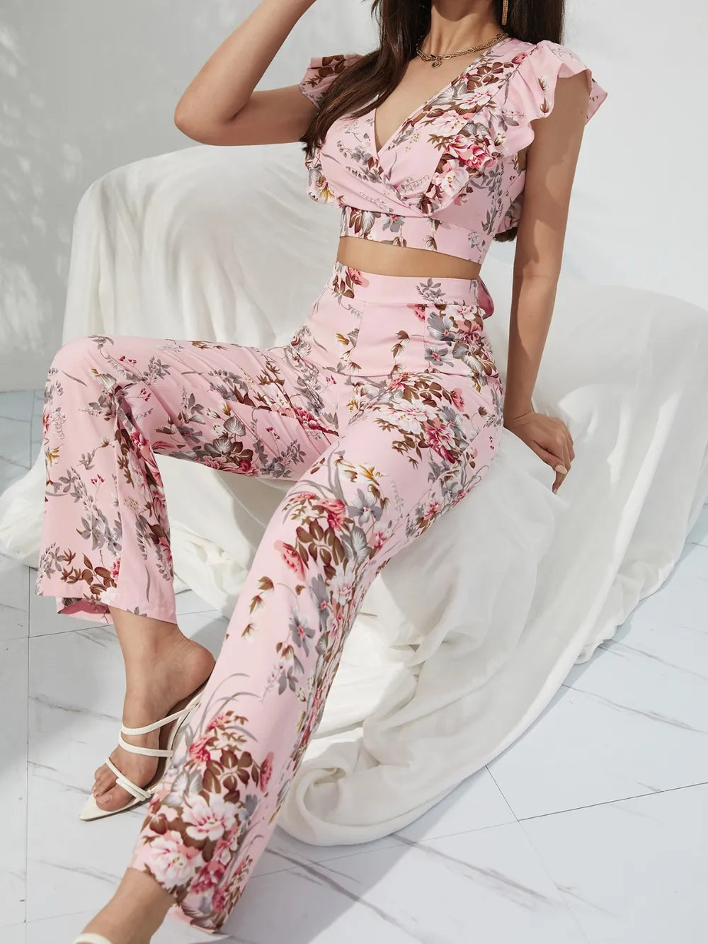 Honey Printed Surplice Cap Sleeve Top and Pants Set - Clothes For Her Online Store