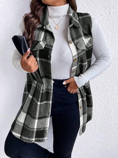 Honey Plus Size Pocketed Plaid Button Up Vest Coat - Clothes For Her Online Store