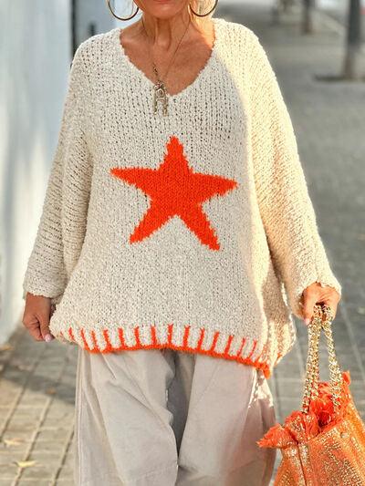 Star V-Neck Long Sleeve Oversize Sweater - Clothes For Her Online Store