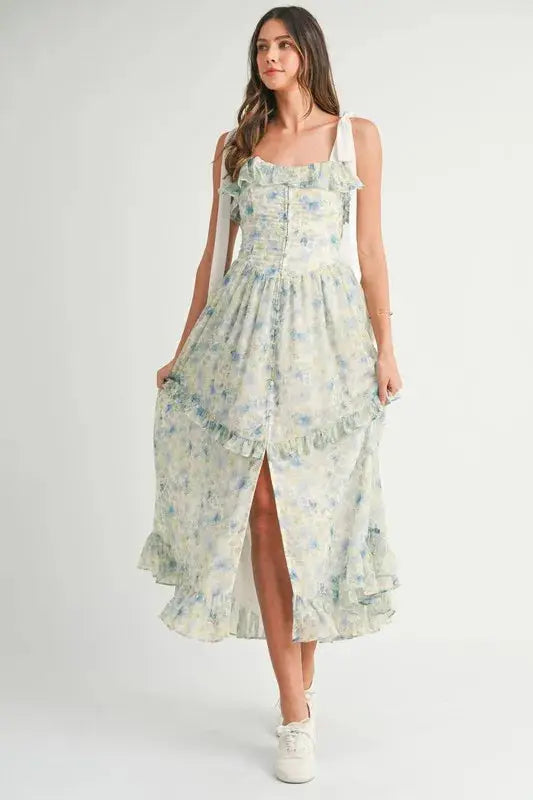 MABLE Floral Printed Shoulder Strap Midi Dress - Clothes For Her Online Store