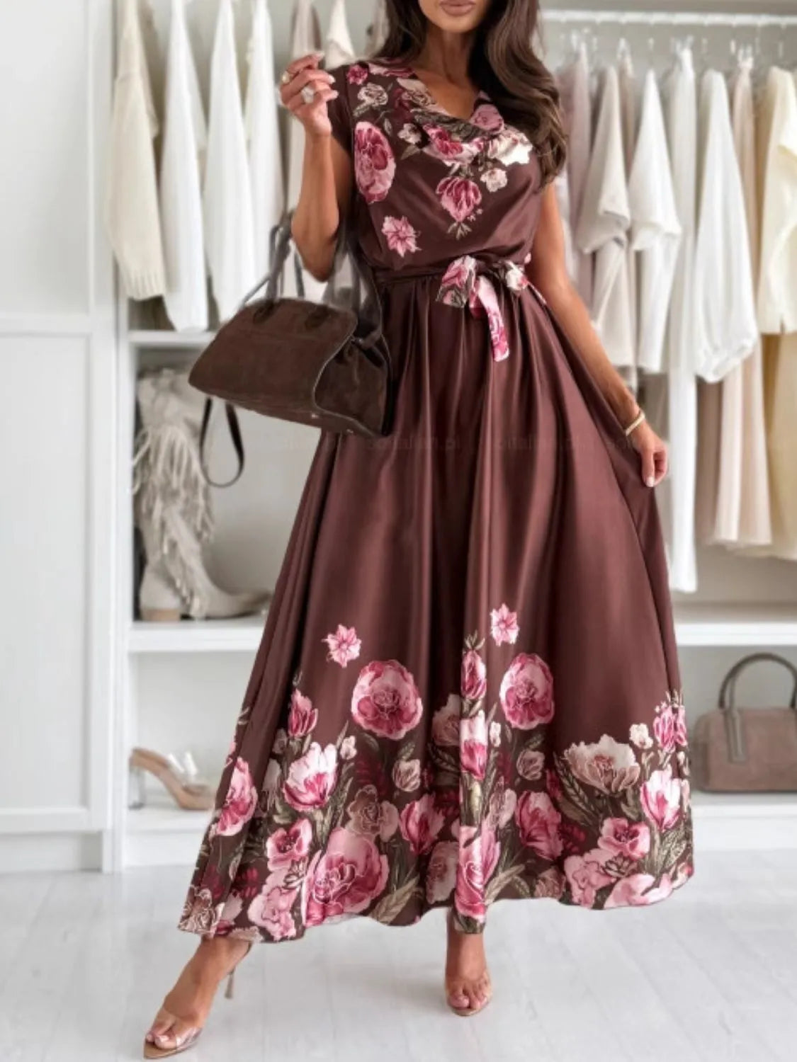 Tie Waist Floral Cap Sleeve Dress