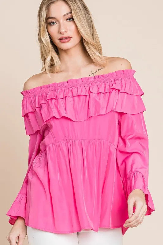 Lime 'N' Chili Ruffled Trumpet Sleeve Off-The-Shoulder Top