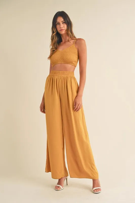 MABLE Smocked Bralette Crop Top and Wide Leg Pants Set - Clothes For Her Online Store