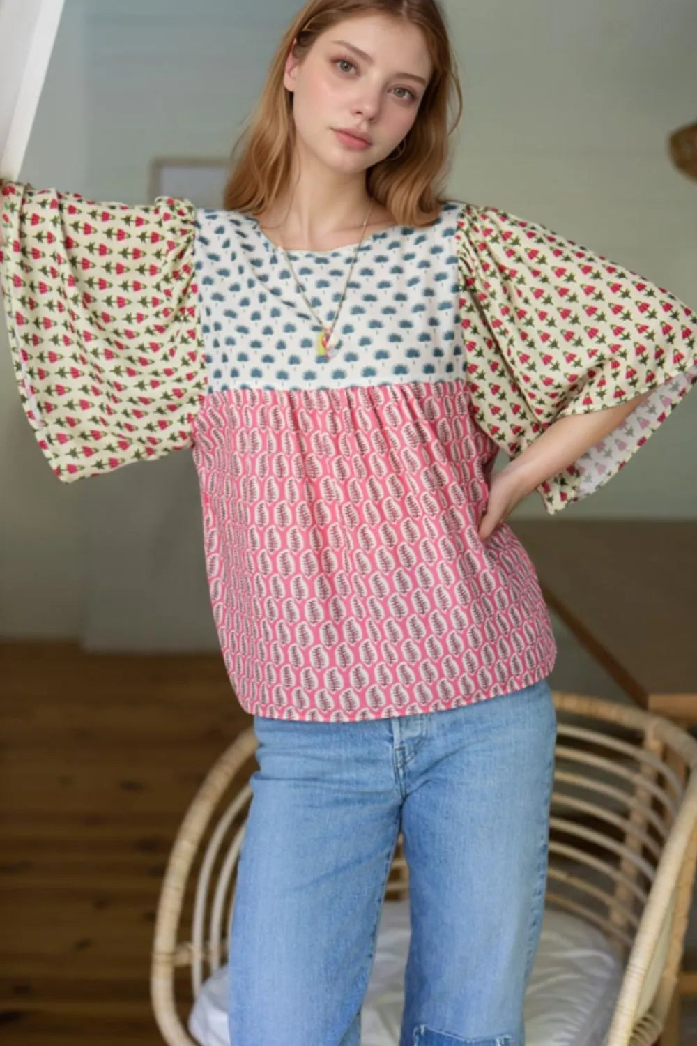 Floral Color Block Kimono Sleeves Blouse