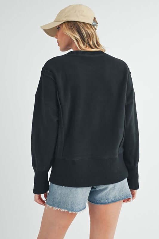 Aemi + Co Exposed Seam High-Low Round Neck Sherpa Top