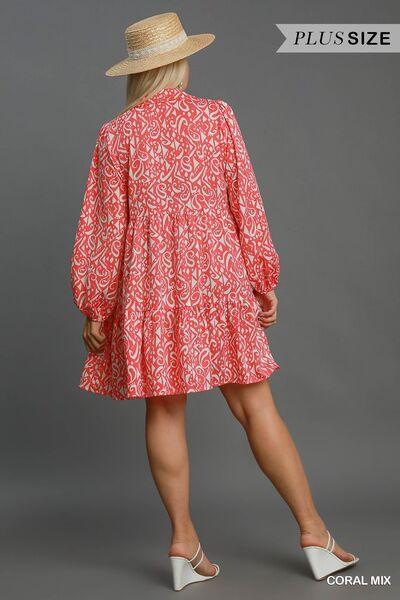 Umgee Full Size Two Tone Print Balloon Sleeve Tiered Dress Plus Size - Clothes For Her Online Store