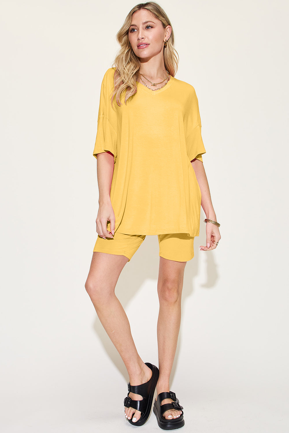 Basic Bae Bamboo Full Size V-Neck Drop Shoulder T-Shirt and Shorts Set - Clothes For Her Online Store