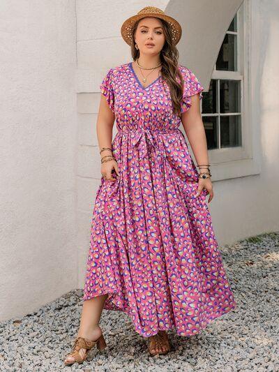 Plus Size Printed V-Neck Flutter Sleeve Tie Waist Maxi Dress