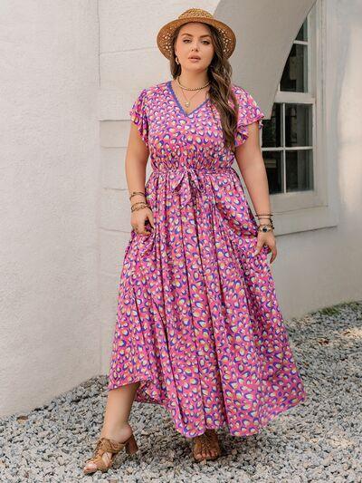 Plus Size Printed V-Neck Flutter Sleeve Tie Waist Maxi Dress - Clothes For Her Online Store