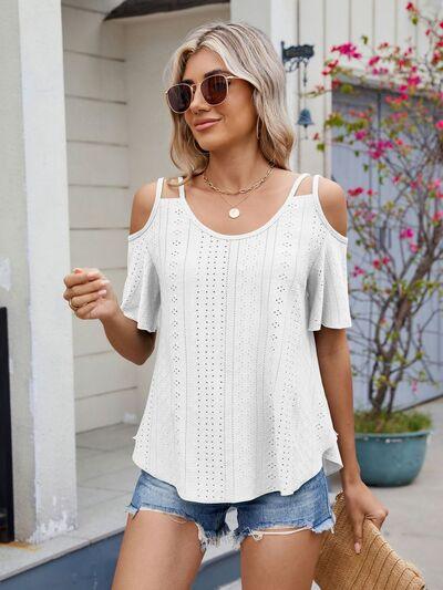 Florira Round Neck Cold Shoulder Eyelet T-Shirt