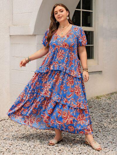Plus Size Ruffled Printed V-Neck Short Sleeve Maxi Dress - Clothes For Her Online Store