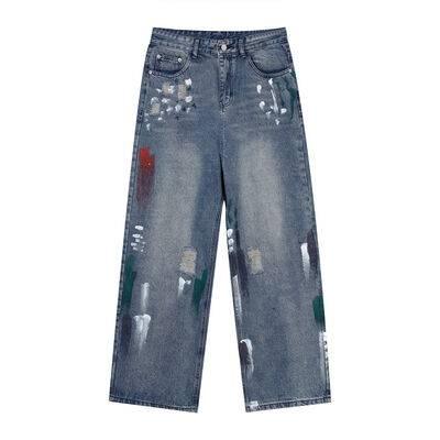 Washed Distressed Wide-Leg Jeans