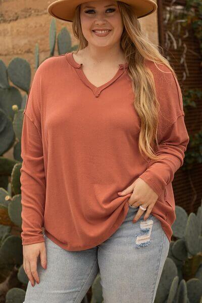 Plus Size Notched Long Sleeve T-Shirt - Clothes For Her Online Store