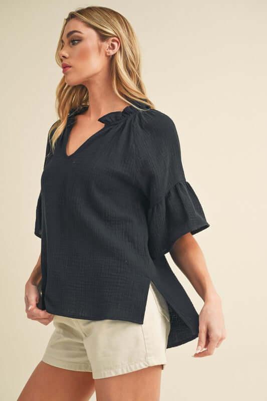 Aemi + Co Side Slit Notched Ruffled Half Sleeve Blouse - Clothes For Her Online Store