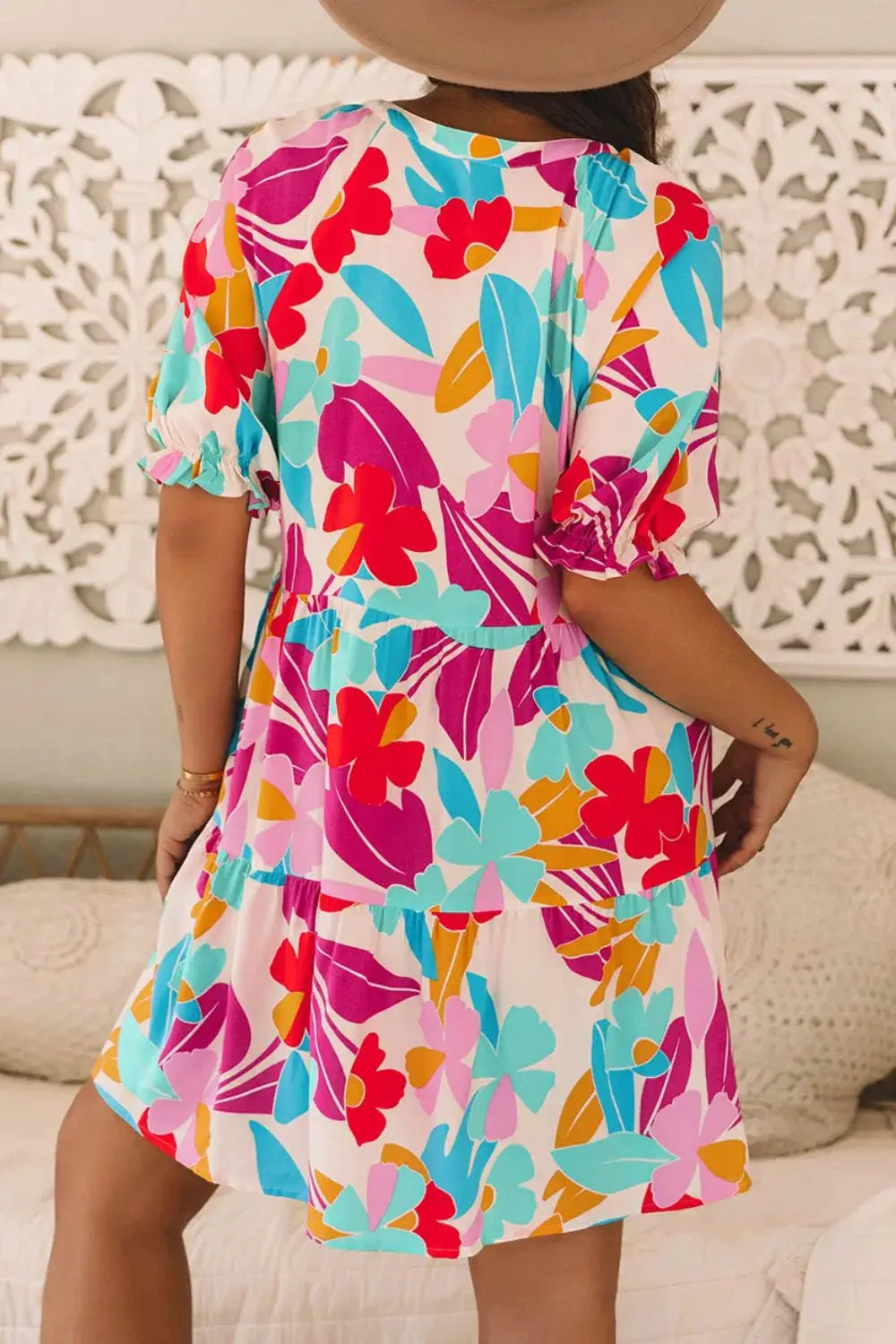 Floral Bubble Sleeve V Neck Tiered Ruffle Babydoll Dress - Clothes For Her Online Store