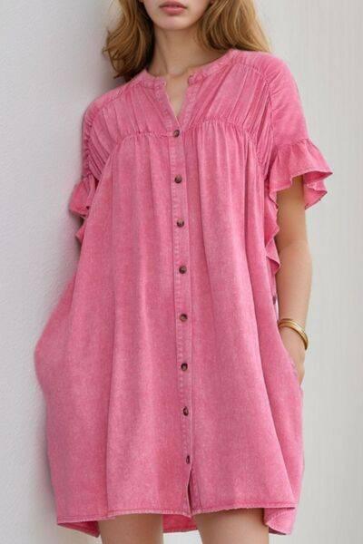 Ruffled Short Sleeve Buttoned Denim Mini Dress - Clothes For Her Online Store