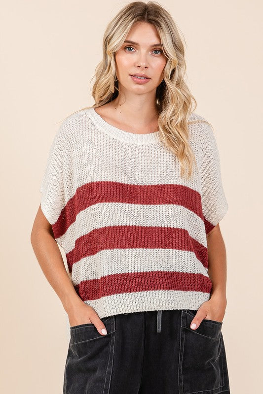 Mittoshop Contrast Striped Round Neck Short Sleeve Sweater - Clothes For Her Online Store