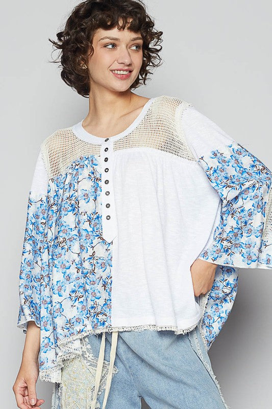 POL Washed Floral Print Crochet Detail Top