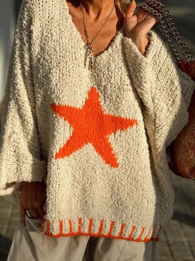 Star V-Neck Long Sleeve Oversize Sweater - Clothes For Her Online Store
