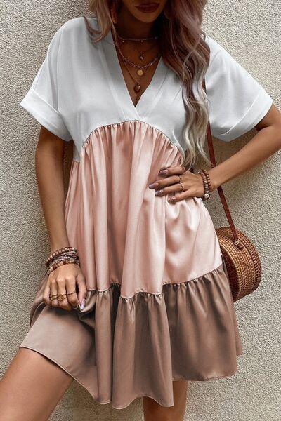 Color Block Short Sleeve Mini Dress - Clothes For Her Online Store
