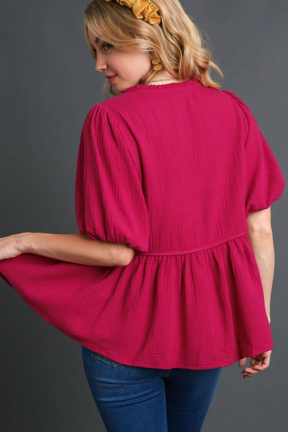 Umgee Full Size Cotton Gauze Floral Embroidery Babydoll Blouse Plus Size - Clothes For Her Online Store