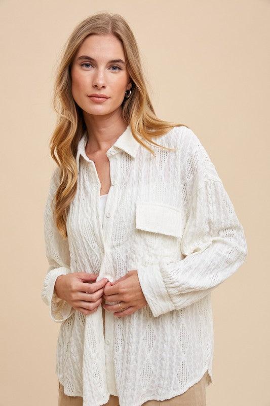 Annie Wear Openwork Button Down Drop Shoulder Shirt