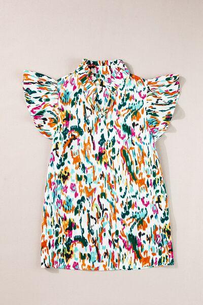 Abstract Print Ruffle Sleeve Blouse