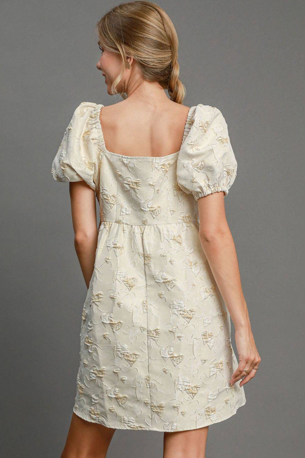 Umgee Heart Jacquard Square Neck Puff Sleeve Mini Dress - Clothes For Her Online Store