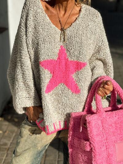 Star V-Neck Long Sleeve Oversize Sweater - Clothes For Her Online Store