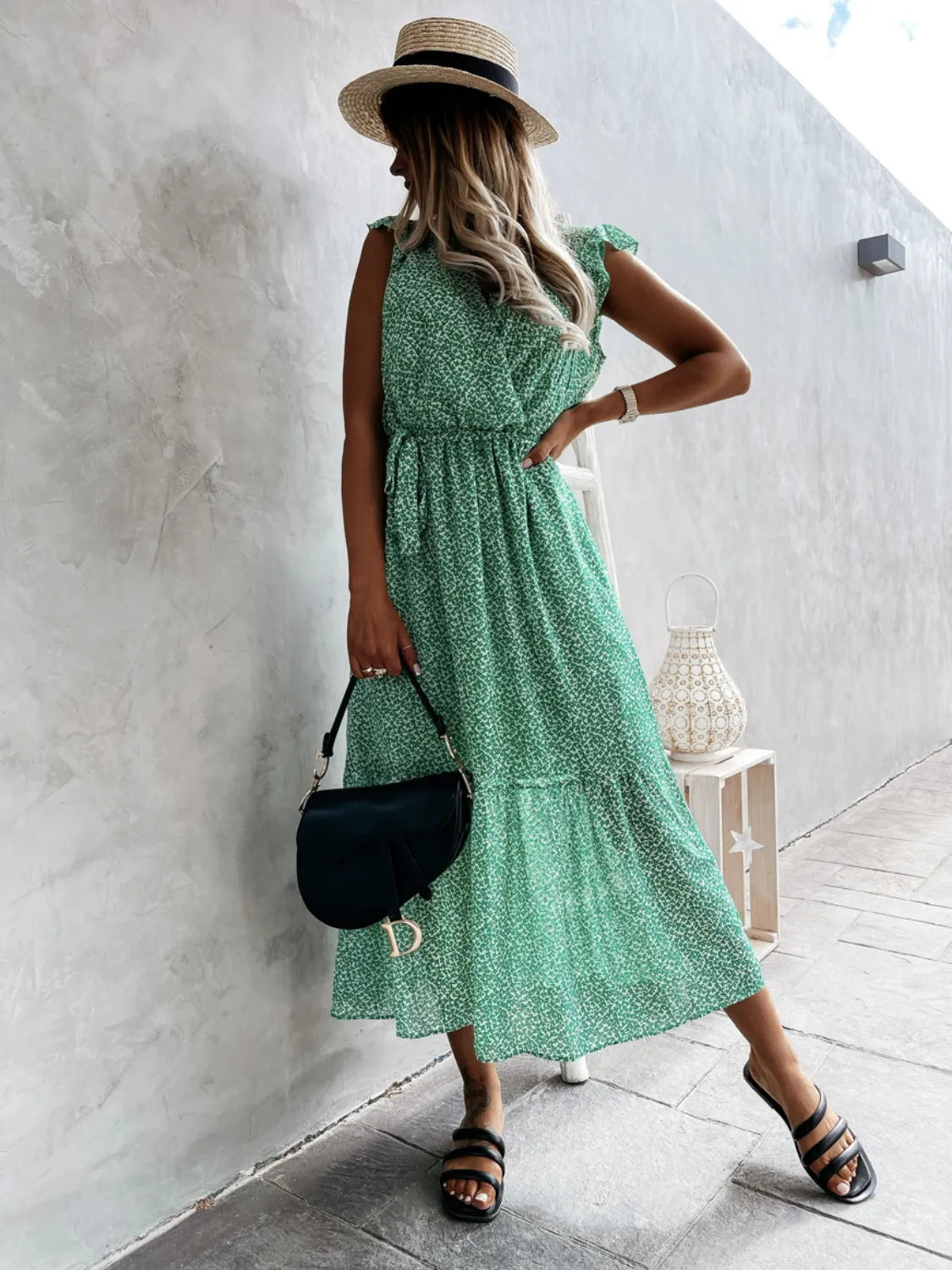 Ruffled Surplice Printed Cap Sleeve Dress