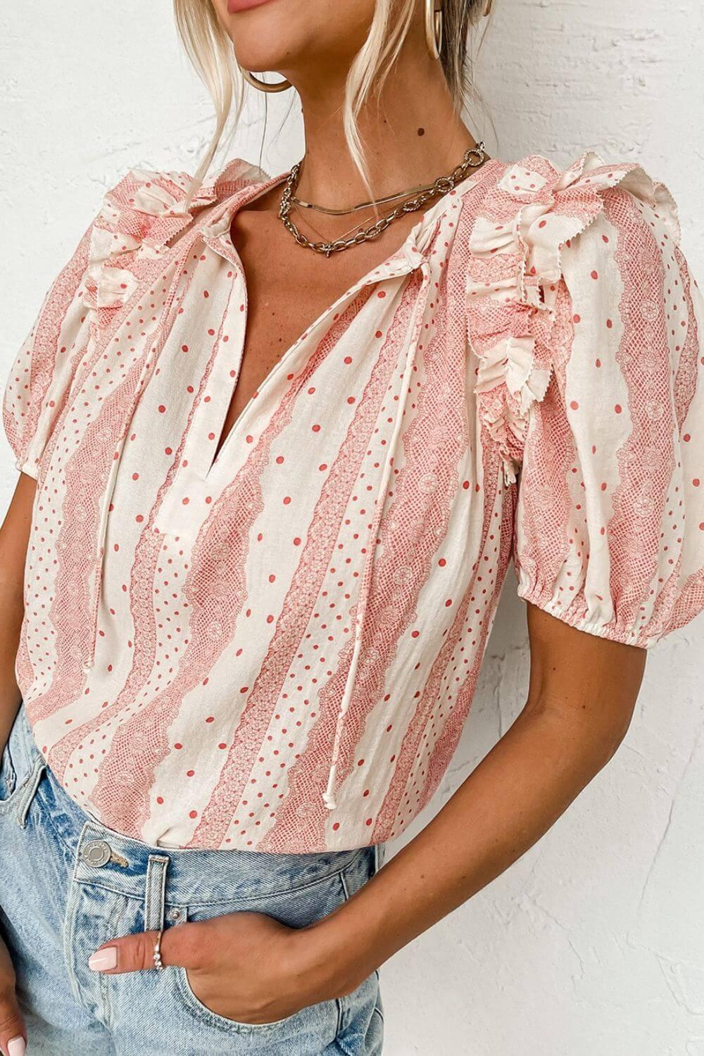 Frilled Short Puff Sleeve Mixed Print Blouse