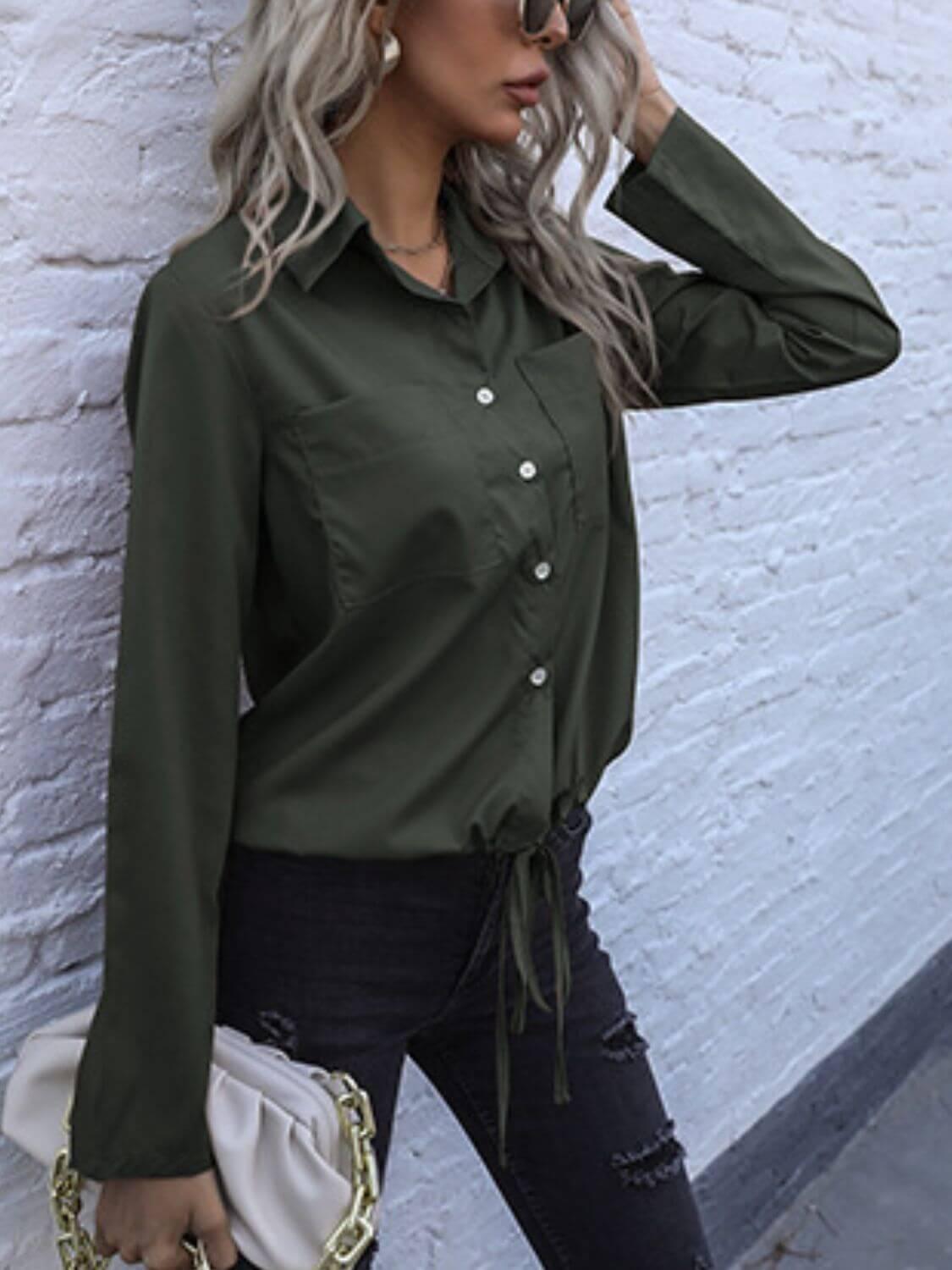 Perfee Tied Hem Button Down Long Sleeve Shirt