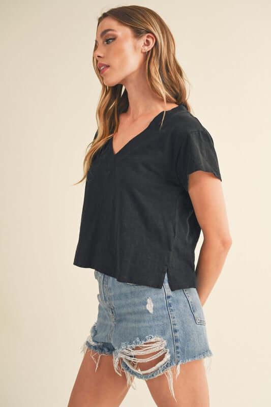 Aemi + Co Side Slit V-Neck Short Sleeve Cropped T-Shirt