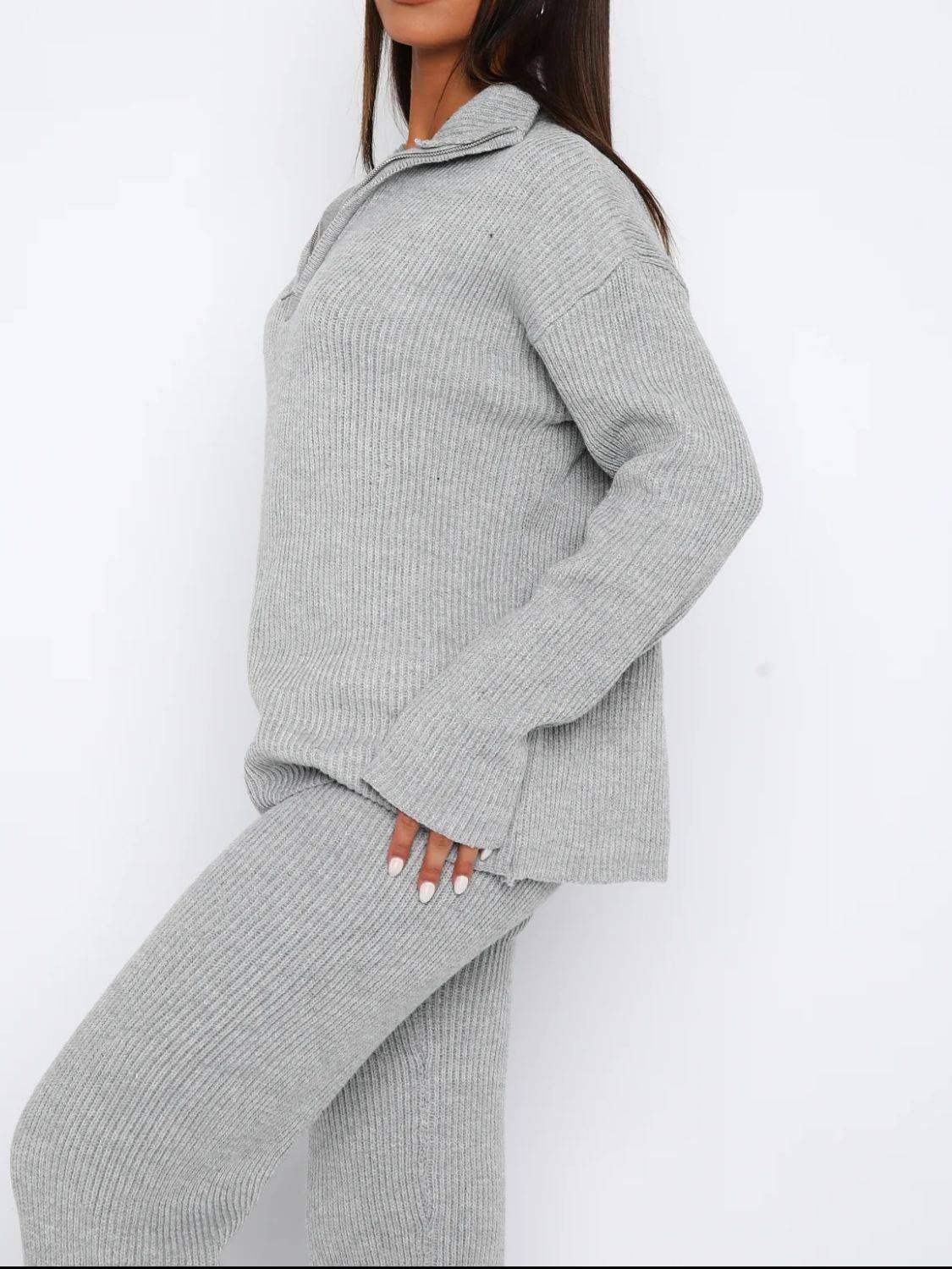 Quarter Zip Long Sleeve Top and Pants Set - Clothes For Her Online Store