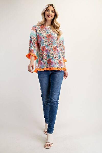 Celeste Full Size Ruffle Sleeve Floral Color Block Top Plus Size