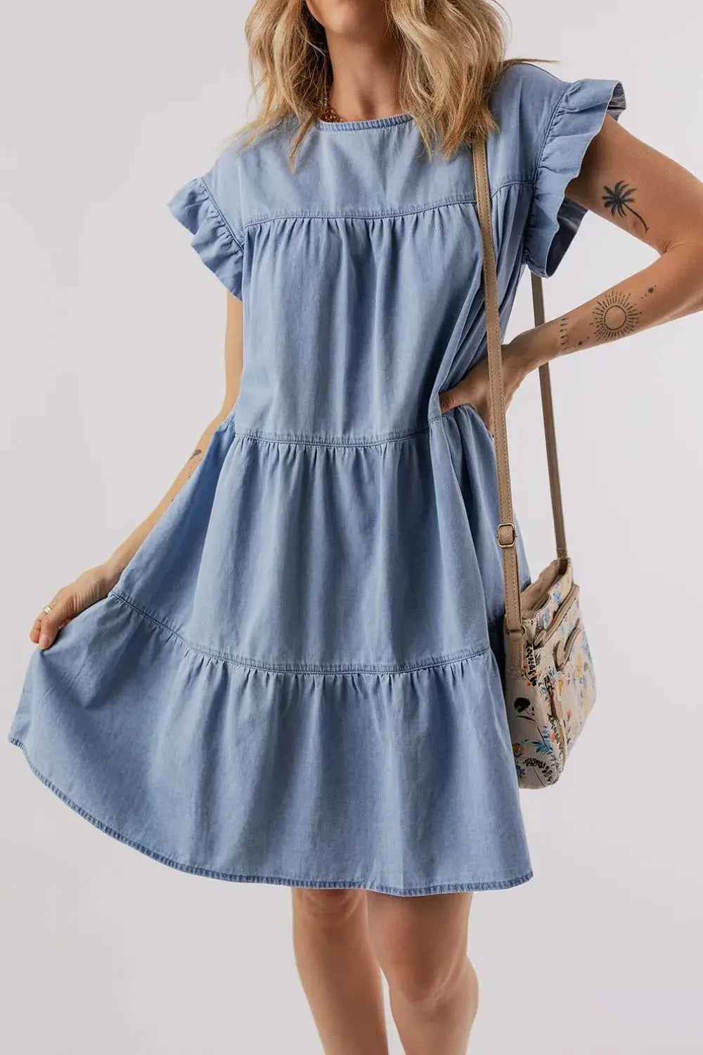 Ruffle Cap Sleeve Tiered A-line Denim Dress - Clothes For Her Online Store