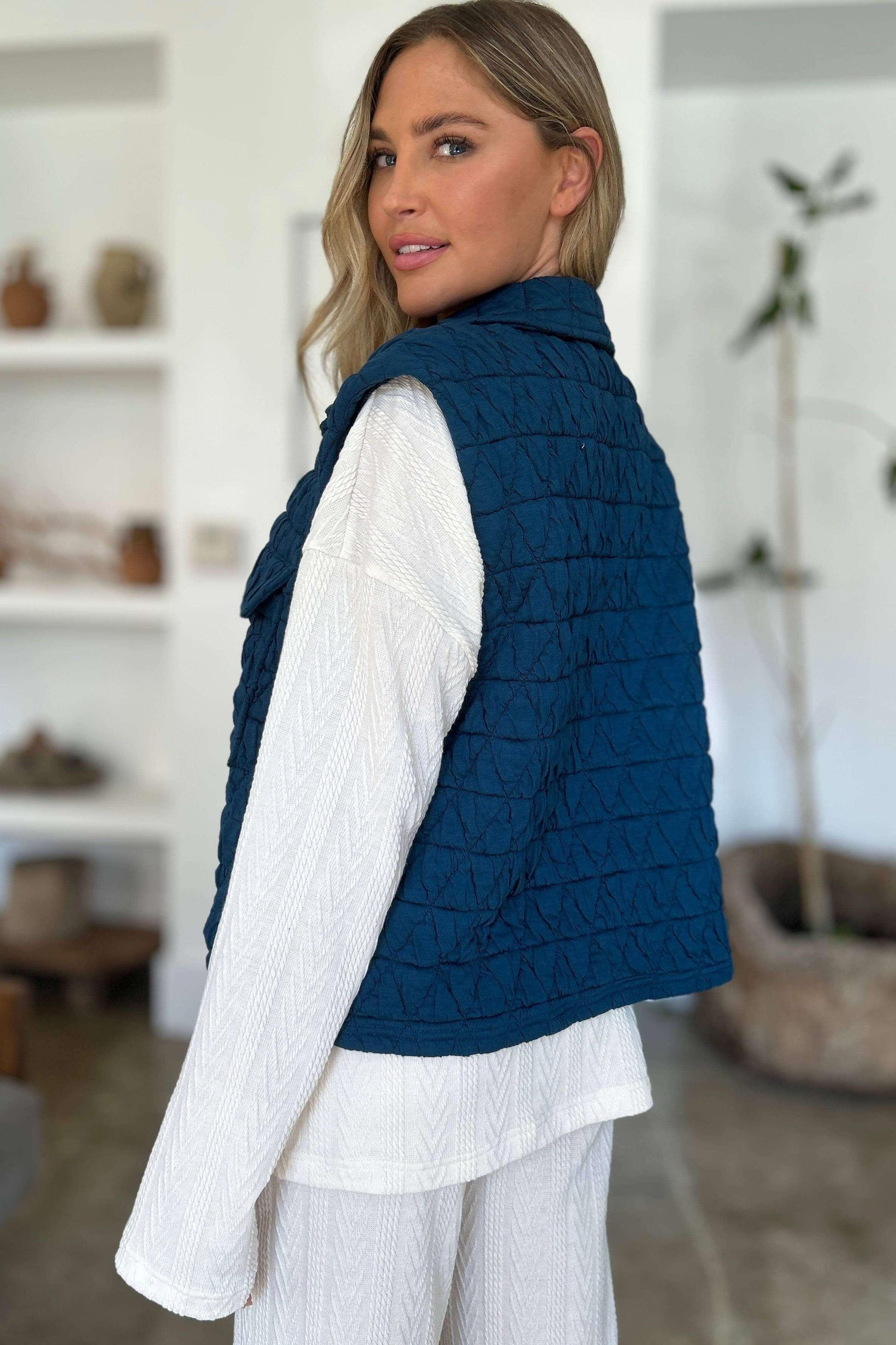 Double Take Full Size Pocketed Texture Snap Down Vest Coat