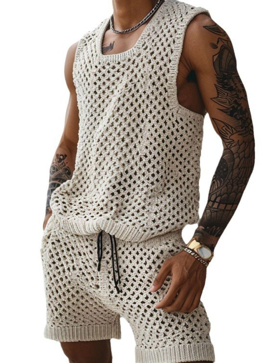 Men's Plus Size Hollow Out Round Neck Tank and Shorts Set