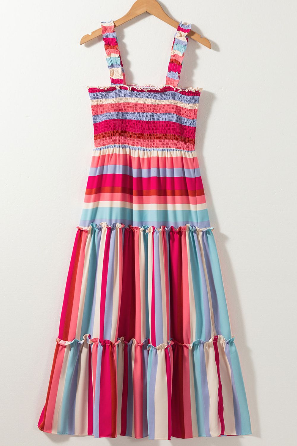 Contrast Stripe Wide Strap Smocked Tiered Dress