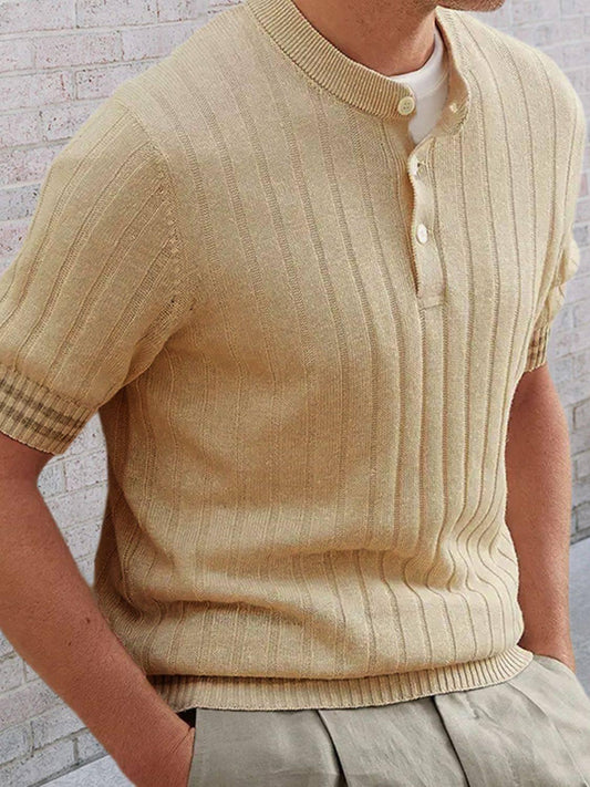 Men's Plus Size Ribbed Quarter Button Round Neck Striped Trim Polo - Clothes For Her Online Store