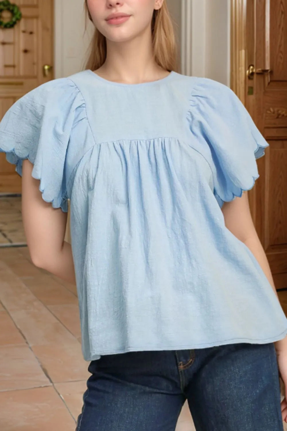 Solid Color Embroidered Scalloped Sleeves Crew Neck Blouse