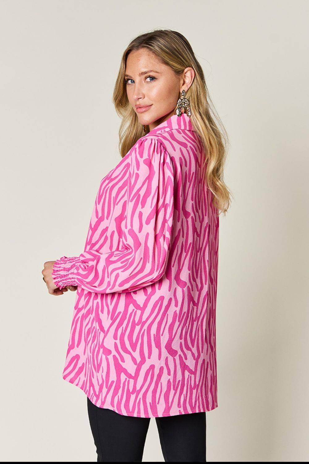 Double Take Full Size Printed Smocked Long Sleeve Blouse